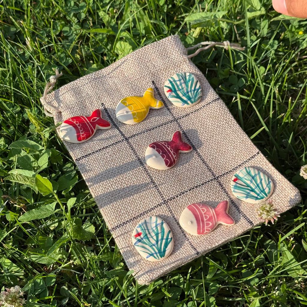 Handmade Ceramic Tic-Tac-Toe Set – Fish & Seaweed with Linen Pouch